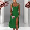 Women's Color Tied Slim Fit Slit Strap Dress