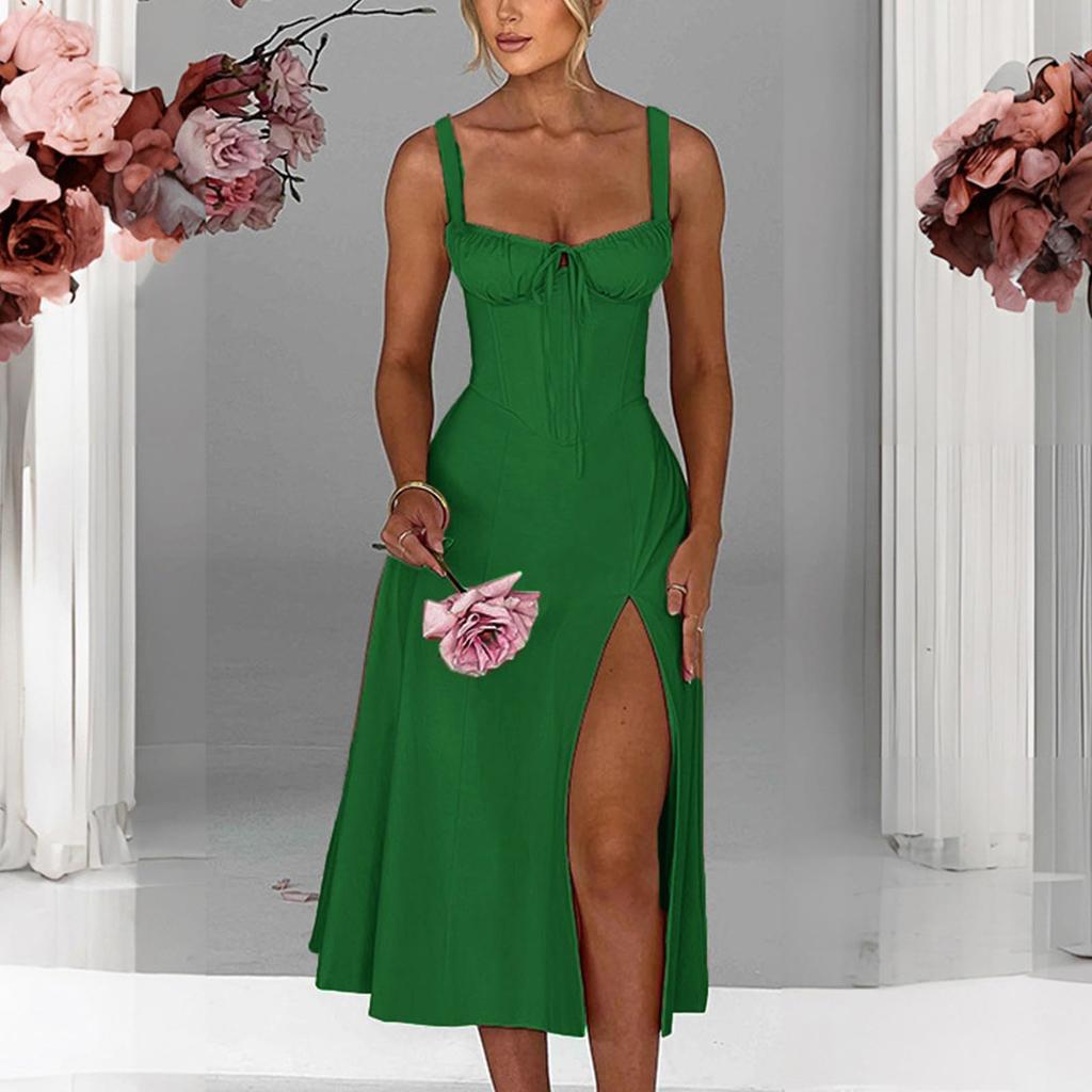 Women's Color Tied Slim Fit Slit Strap Dress