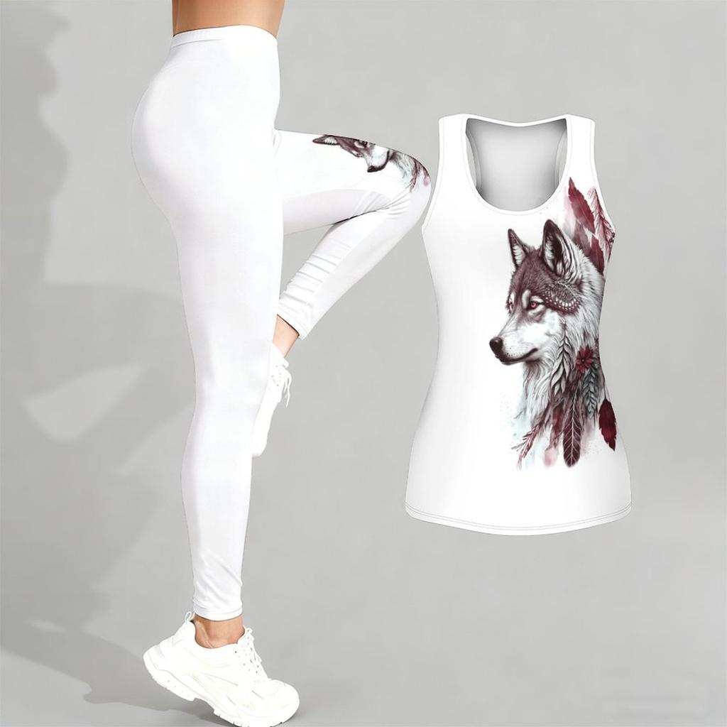 Wolf Totem Print Yoga Outfit for Women Fashion Workout Leggings Fitness Sports Casual Yoga Set Sports Suit