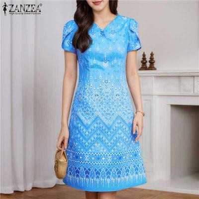 Women Casual V-neck Summer Short Sleeve Dress