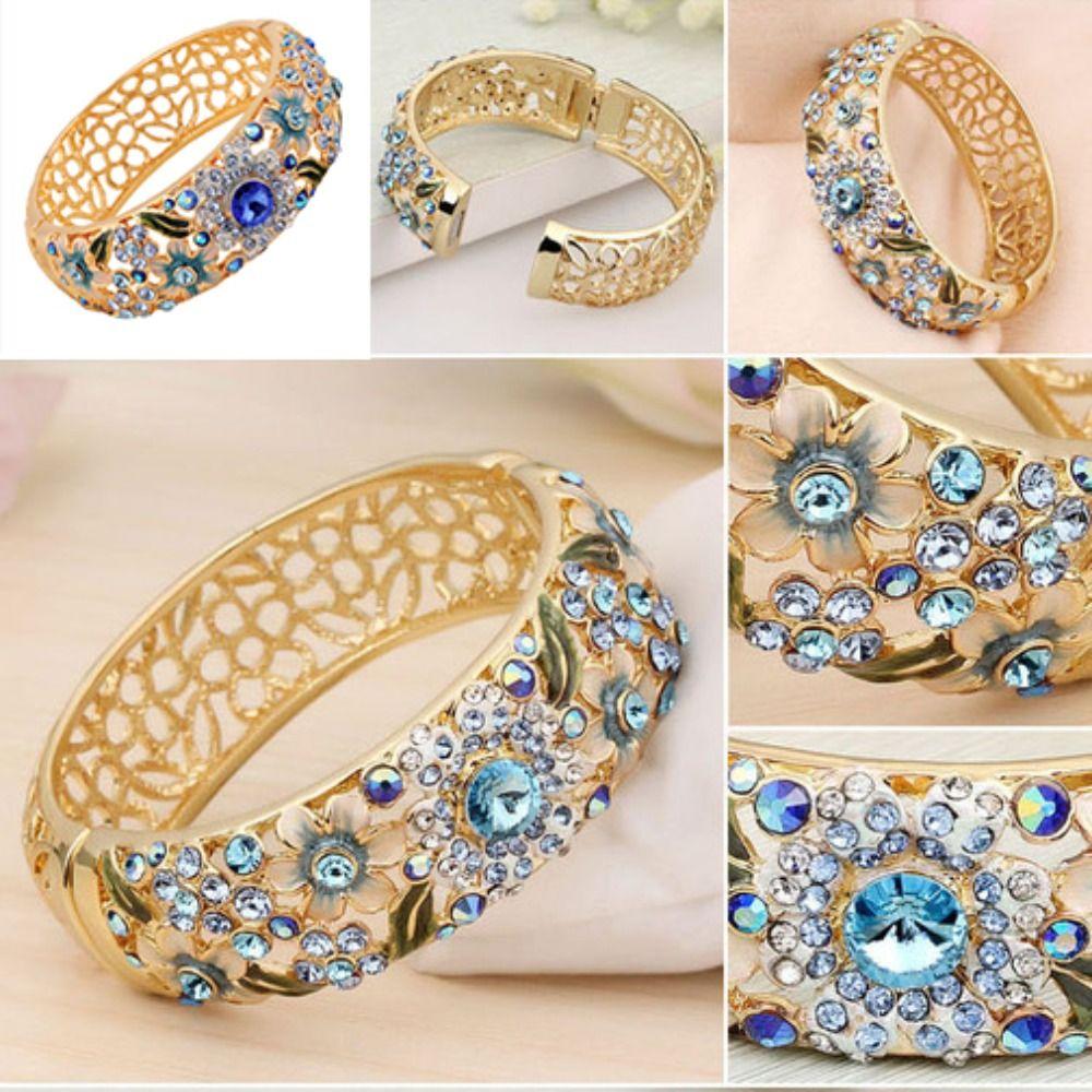 Enamel Chinese Cloisonne Bracelet Rhinestone Women's Hand Bracelet Hollow Out Flower Bangle  Gifts