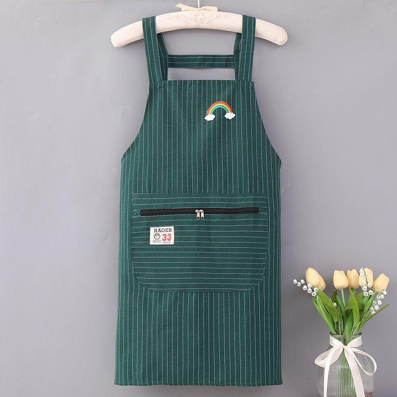 Kitchen Oil Resistant Apron Striped Zippered Linen-Cotton Apron With Straps Breathable Apron Women'S Dirt Resistant Work Clothes