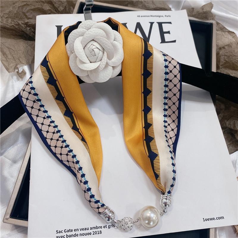 Luxury Design Magnetic Button Summer Silk Scarf Women Magnetic Pearl Necklace Scarves High End Matching Shirt Scarf Lady