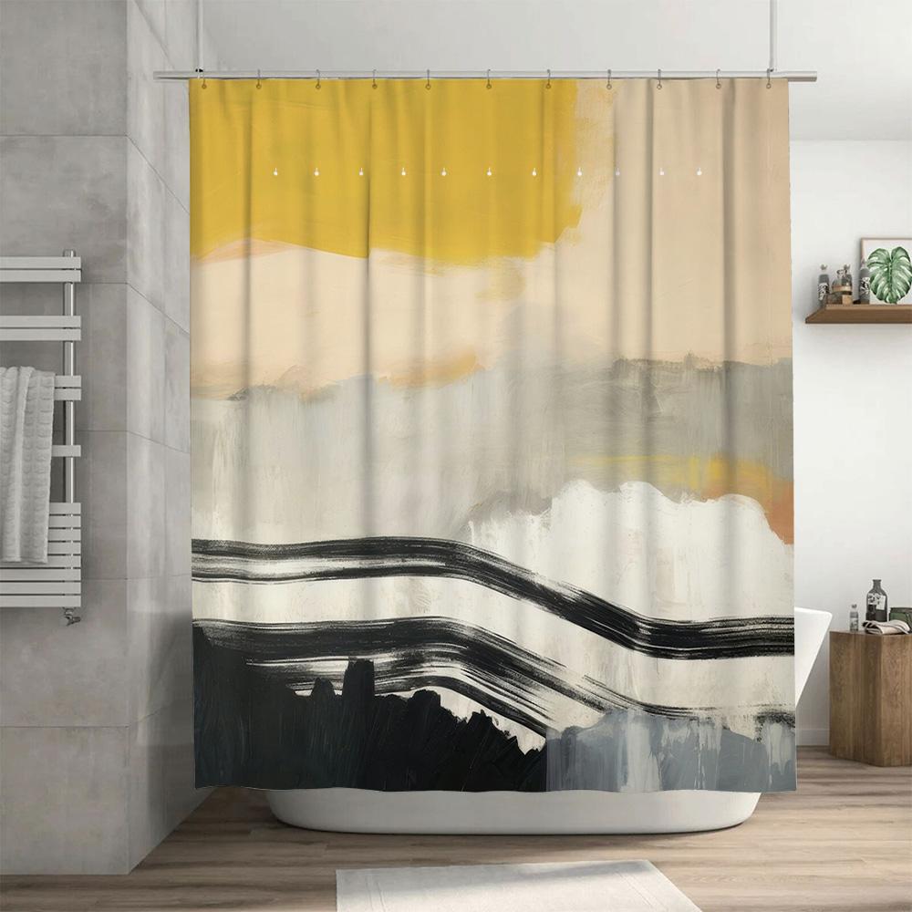 Artistic Shower Curtain DecorModern Black White Yellow Striped Bathroom Accessories Waterproof Fabric with Rings for Home Bath D