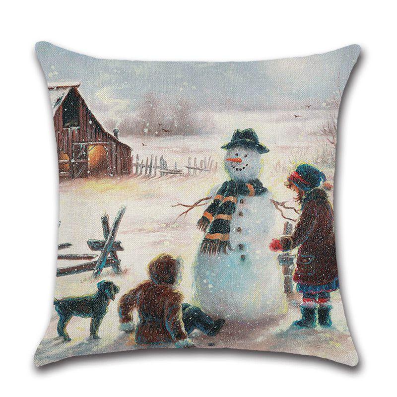 Festive Christmas Cushion Cover Featuring Charming Snowman And Santa Claus Design For Cozy Home Decor
