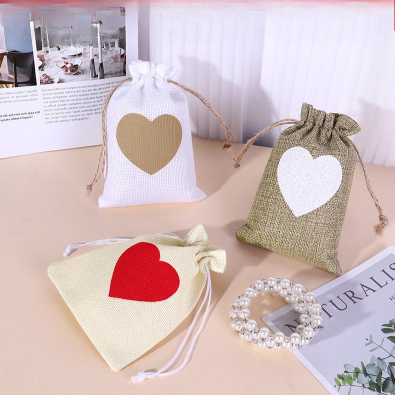 20pcs Heart-shaped Linen Drawstring Bag Valentine's Day Wedding Candy Gift Packaging Bag Drawstring Bag