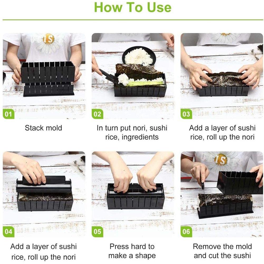 10pcs/set Sushi Making Kit Pro Japanese Specialty Food Molds Plastic with Rice Roll Mold Fork Spatula Black for Cooking Picnics
