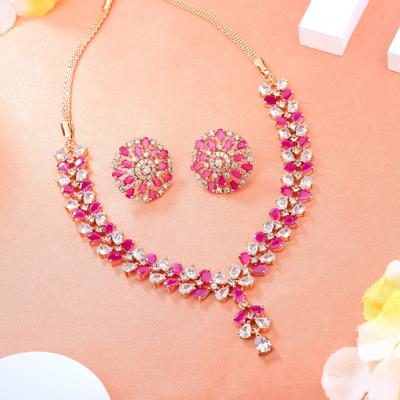 Rose Gold Designer Necklace Set with CZ Flower and Ruby Stones for Women