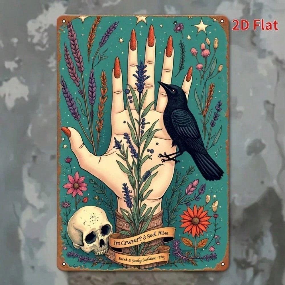 Metal Wall Art Poster Raven Flowers 3D Gothic Decor for Living Room
