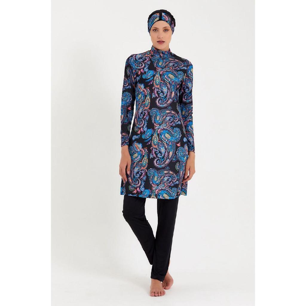 Women's Navy Blue Patterned Lycra Fully Covered Hijab Swimsuit