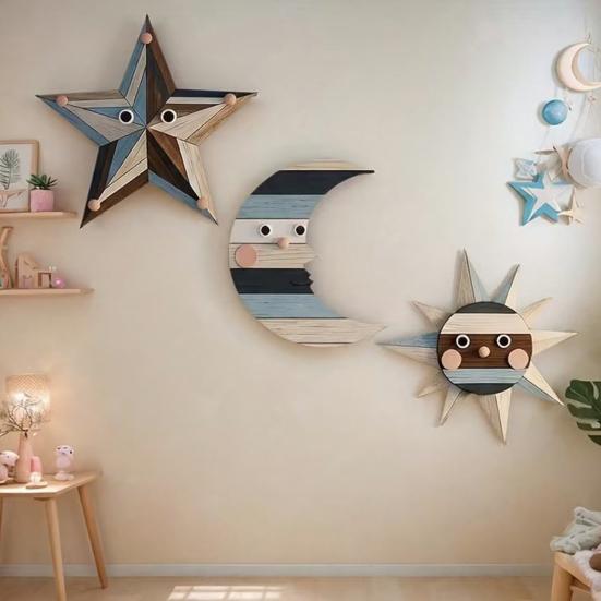 3 Pcs Rustic Sun Moon Star Wooden Wall Art Bohemian Style Vintage Wall Hanging Decorations for Boho Farmhouse Living Room Bedroom Decor