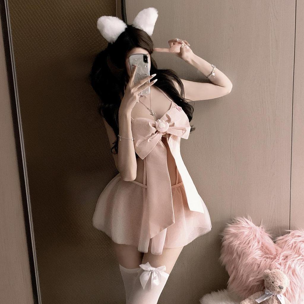 Pink Bow Three-Point Lingerie Set - Pure Desire Mesh See-Through with Quick Release