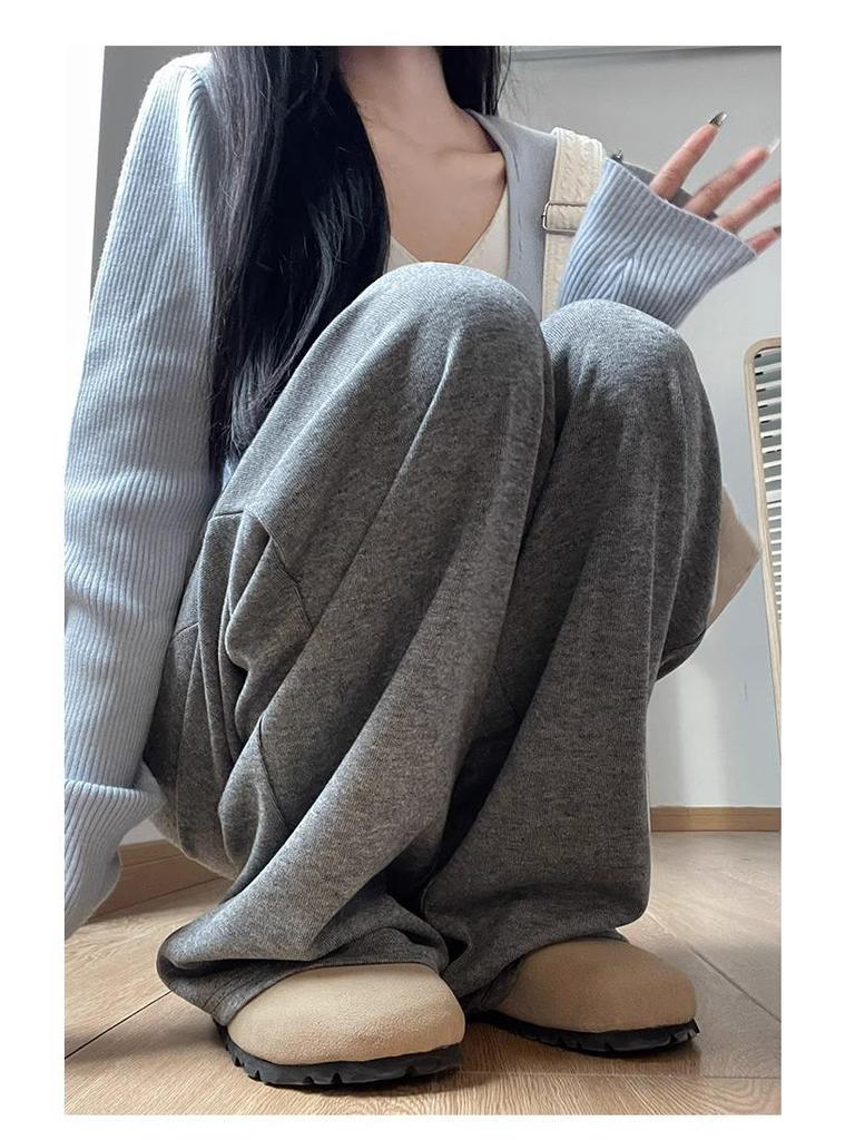Petite 145 Women's High Waist Wide Leg Knit Pants - Spring/Autumn Casual Loose Fit, Straight Leg Glutinous Rice Sweatpants 150.
