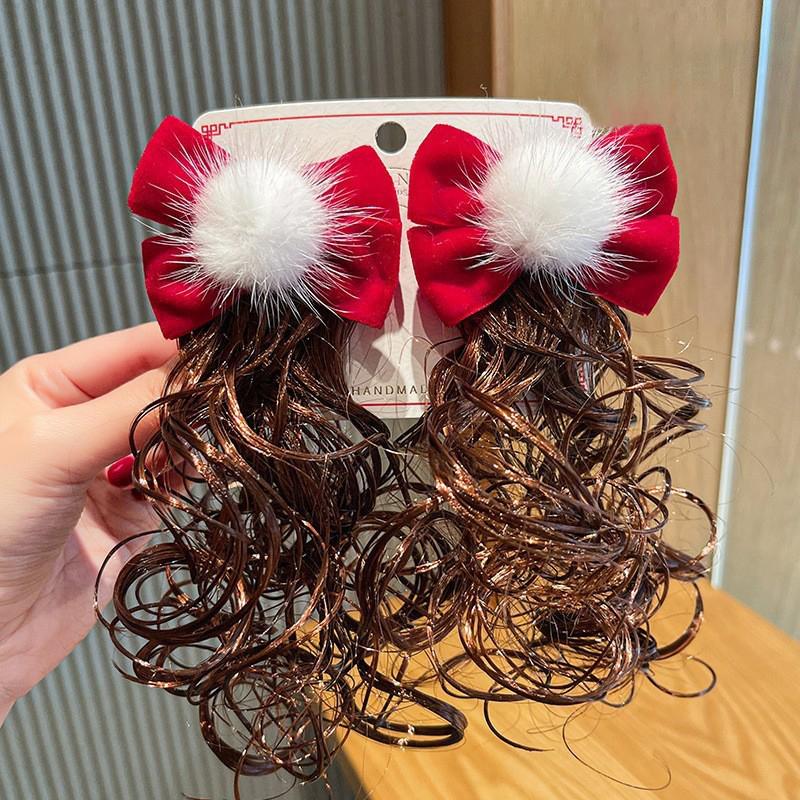 Kids Girl Wig Hair Clip Red New Year Headwear Plush Ball Bow Barrettes Children Hairpins No Harm Baby Headpiece Accessoriess