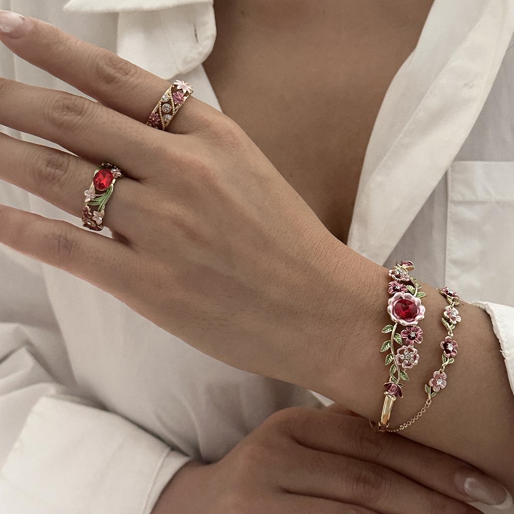 Boho Vintage Colorful Enamel Flower Bracelet For Women Gold Plated Crystal Zircon Hollow Floral Bangle Party Wedding Jewelry