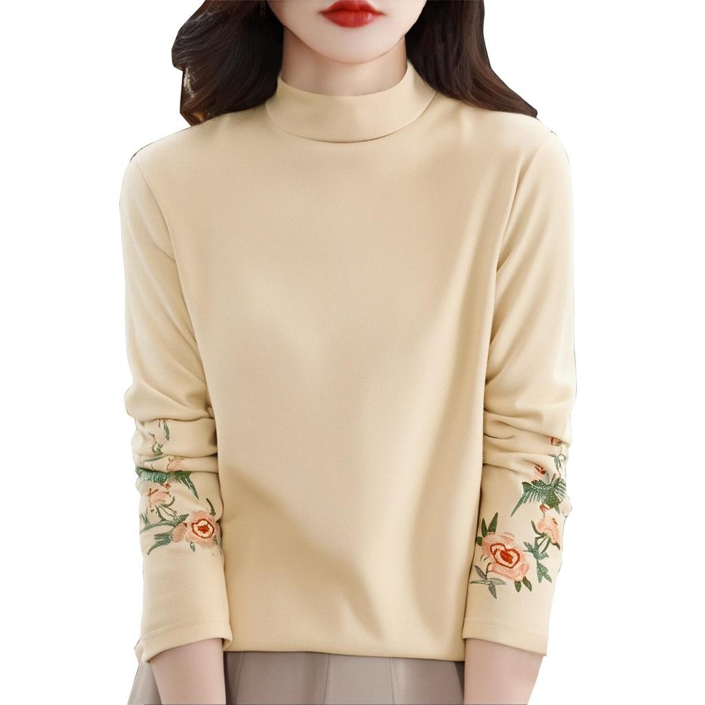 Women's Fashion Retro Velvet Literary Embroidery High Neck Long Sleeve T-Shirt Top