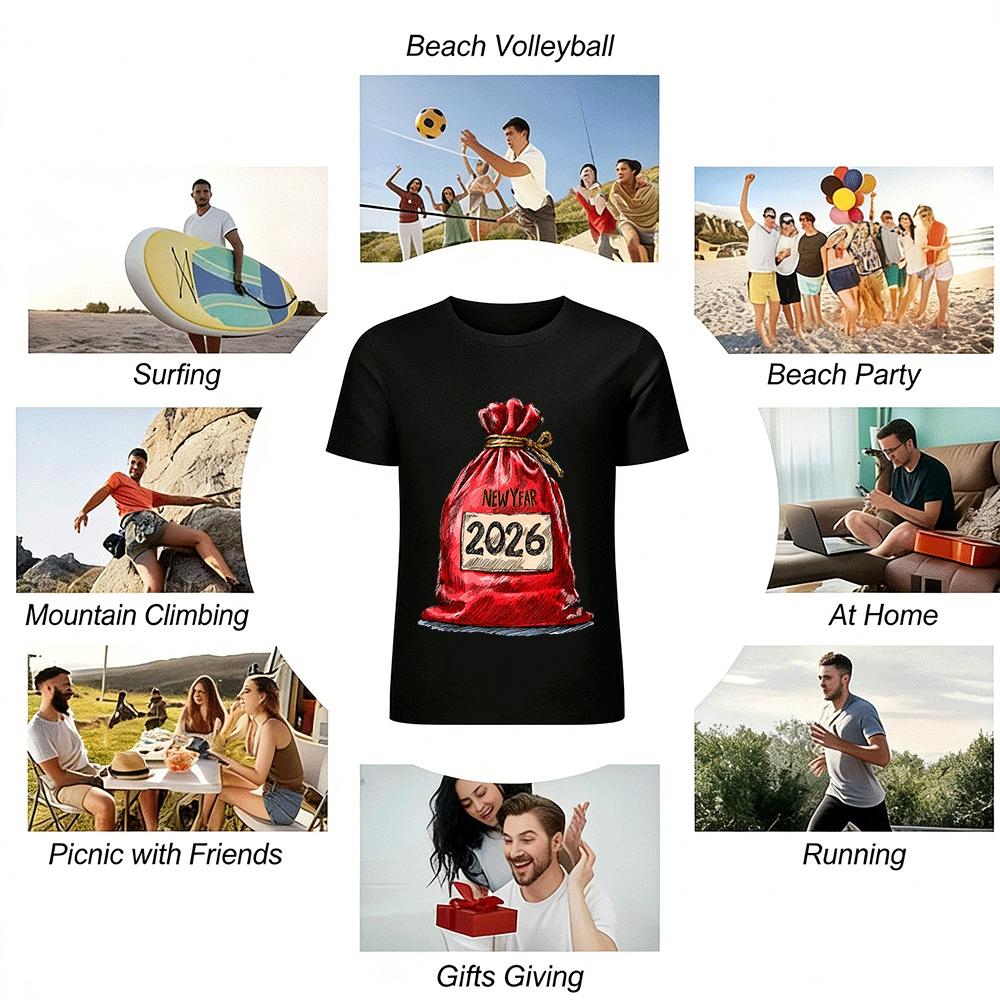 2026 New Year Themed Red Bag Print Casual Unisex Top Pure cotton T-shirt