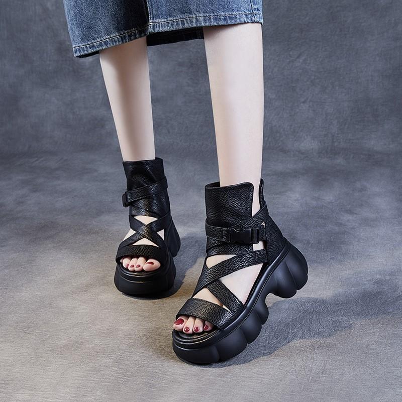 Johnature Roman Style Thick Sole Sandals Women's Shoes Genuine Leather Peep Toe Thick Heel Platform Sandals