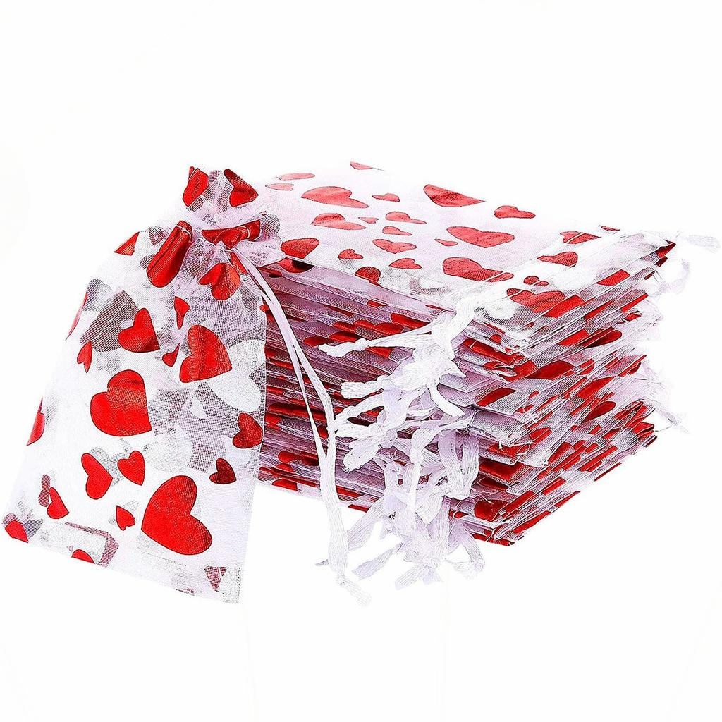 50/100Pcs Valentine's Day Wedding Party Gift Bags Love Heart Drawstring Organza Candy Cosmetic Jewelry Beads Packaging Pounches