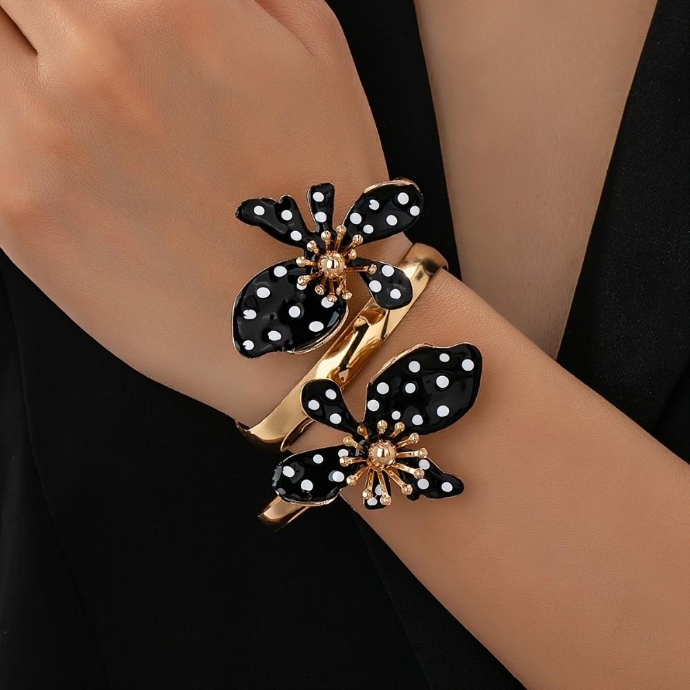 Enamel Glaze Flower Open Bangle Polka Dot Adjustable Bracelet Floral Bracelet  Birthday Gift