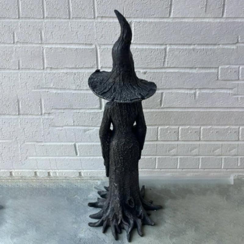 Halloween Witch Statue Tree Root Witch Figurine Sculpture Desktop Witch Decor Ornament Resin Home Office Party Decoration