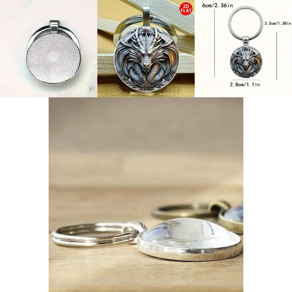 Silver Dragon Head Keyring Alloy Circular Souvenir For Special Occasions And Gifts