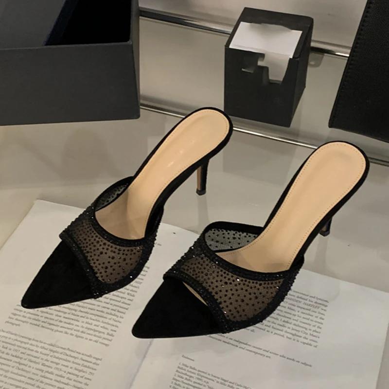 

Новые летние туфли-мюли с острым носком, сеткой и стразами для женщин, элегантные, на шпильке, сандалии 35 чёрный