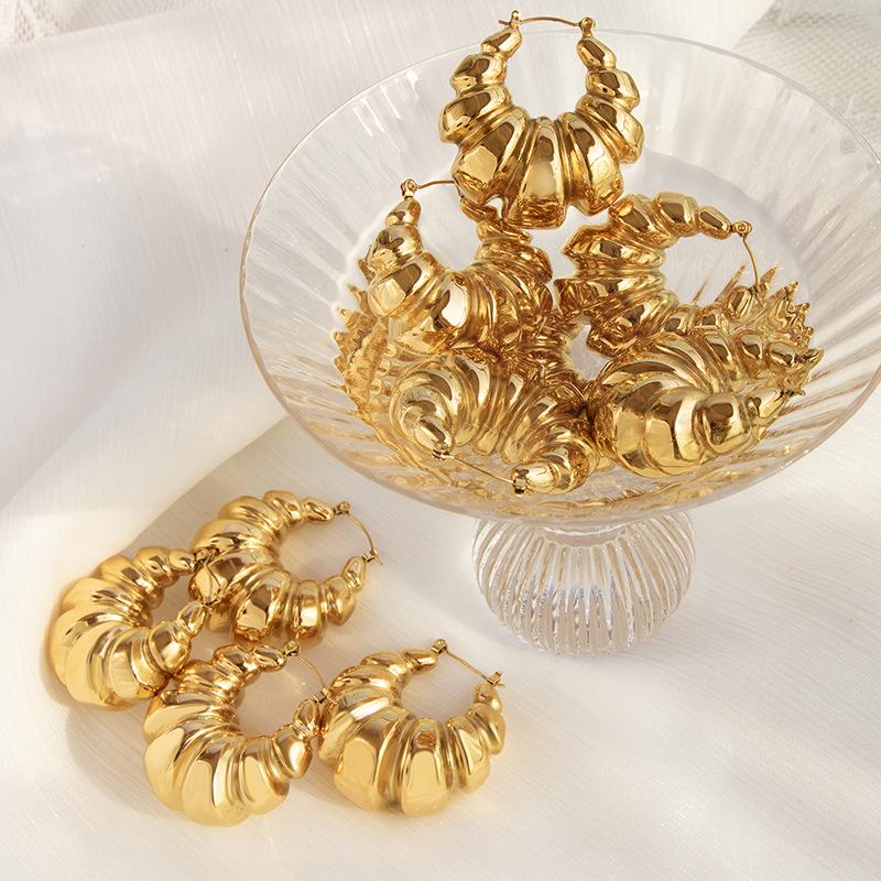 European Retro Geometric Titanium Steel Earrings, 18K Gold Plated, Stainless Steel, Concave-Convex Design for Women.