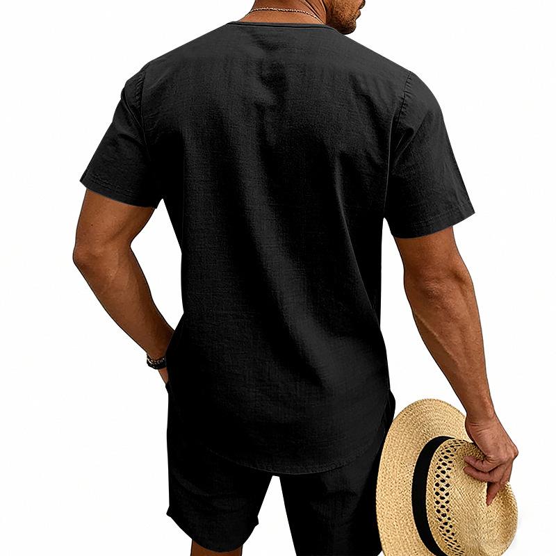Men's Linen V-Neck Short Sleeve T-Shirt and Shorts Set - Solid Color Beach Casual Wear