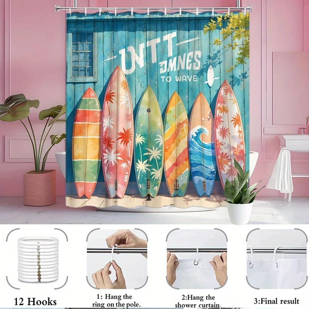 Vibrant Surfboards Shower Curtain Tropical Beach Turquoise Wood Wall Wave Pattern Artistic Ocean Decor With Hooks