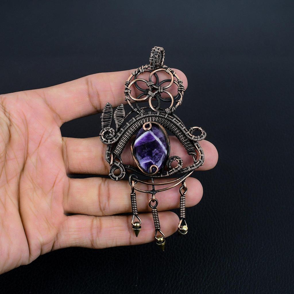 Chevron Amethyst Pendant Gemstone Jewelry, 999 Copper Wire Wrapped Pendant, Handmade Antique Jewelry Gift For Mother