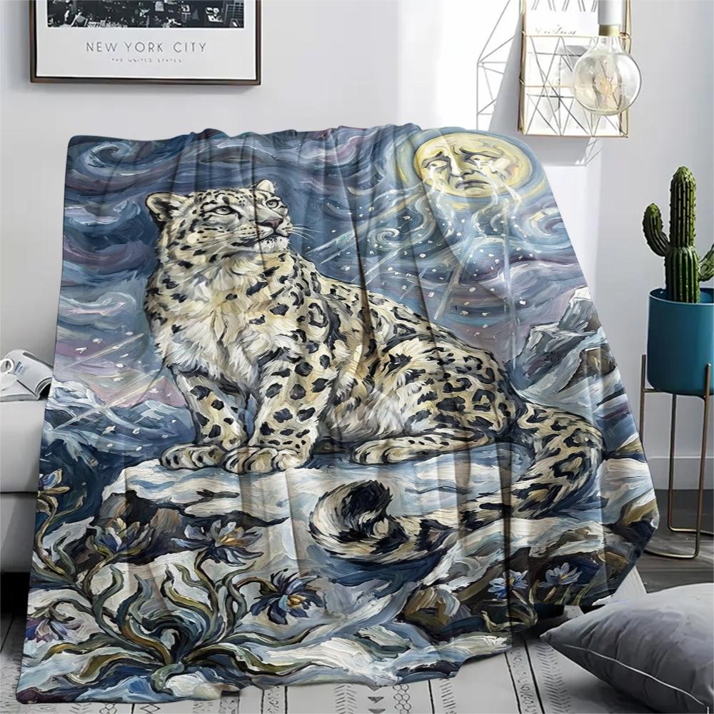 Snow Leopard Animal Print Flannel Blanket, High Quality Comfortable for All Seasons, Home Decor, Warmth and Comfort, Perfect for Christmas Gifts112