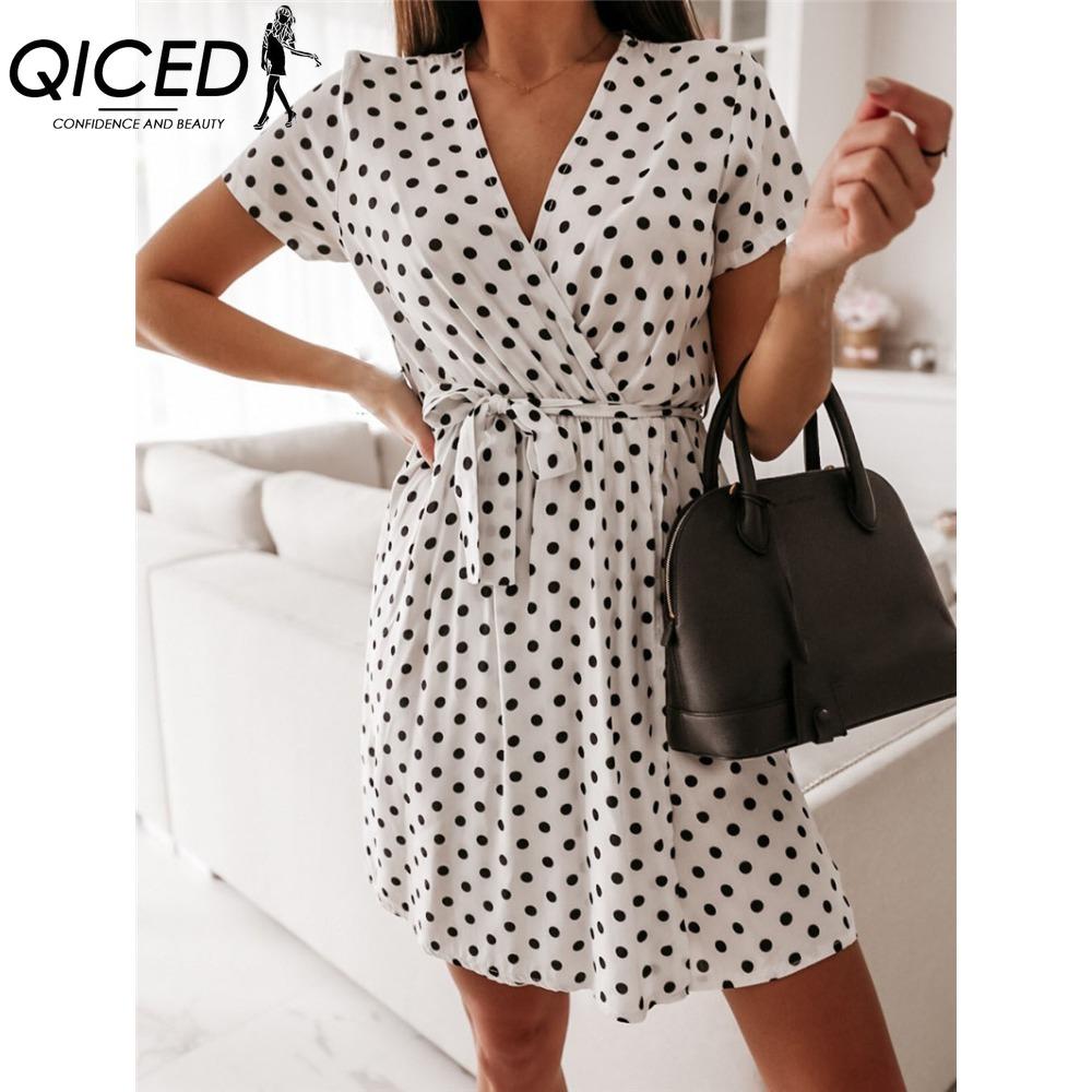 QICED Women Summer Fashion Short Sleeve V Neck Mini Dress Female Polka Dot Split Dresses Vestidos for Women Beach Party Boho Dress