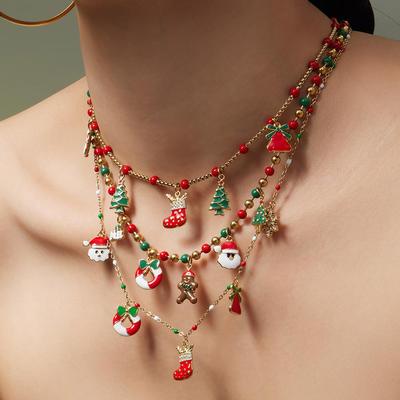 European & American Christmas Festival DIY Multi-Accessory Enamel Zirconia Necklace, 18K Gold-Plated Stainless Steel, Christmas Tree & Santa Styles.