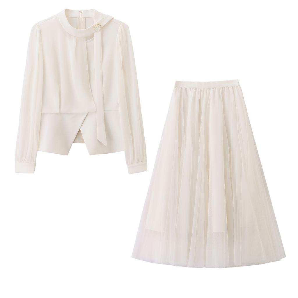 1116 Autumn New Chiffon Top Wide Leg Long Skirt Foreign Style Age Reduction Two-piece Set Women's Fashion Casual Women's Clothing Set