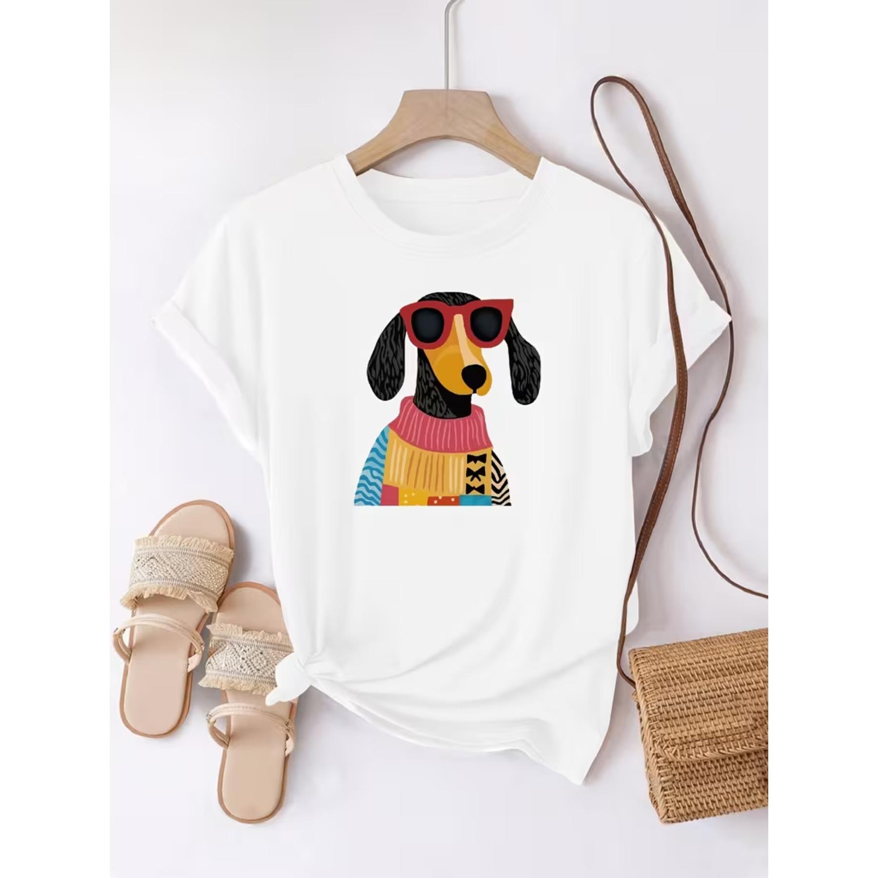 

Fashion Printed Round Neck Women s Casual Short Sleeve T-Shirt with Glasses-Wearing Puppy Print, Summer Wear, Women s Clothing XXL