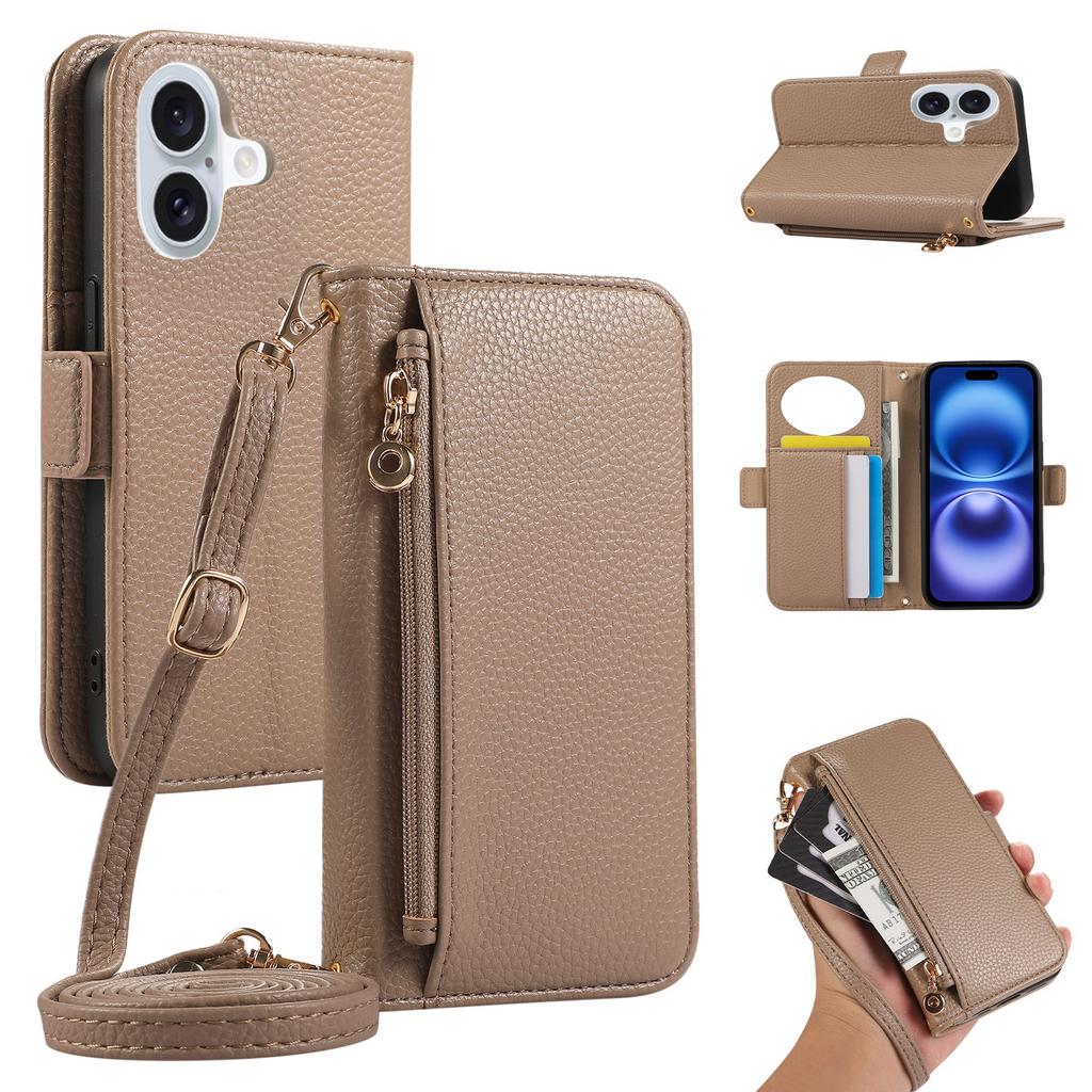 For iPhone 16 Wallet Phone Case Shockproof TPU+PU Leather Flip Cover with Mirror, Strap - Brown