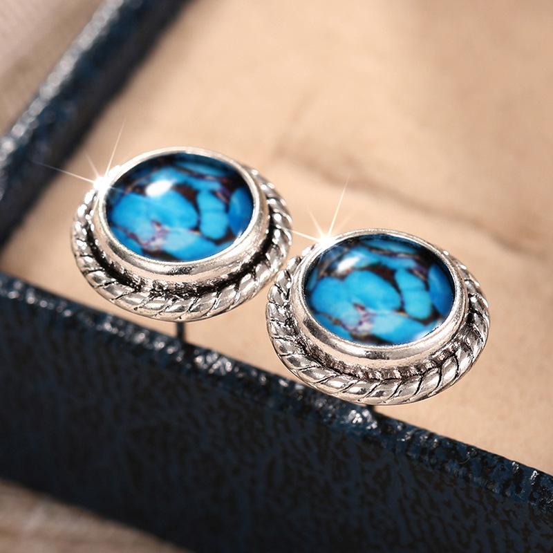 Turquoise composite earrings, Bohemian woven border round women's stone earrings, Western casual jewelry gifts