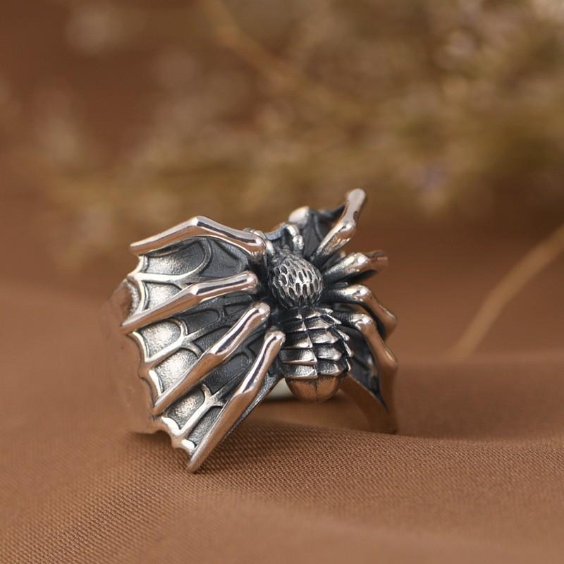 Men's Retro Distressed Thai Silver Spider Ring, Adjustable Punk Style Fashion Accessory