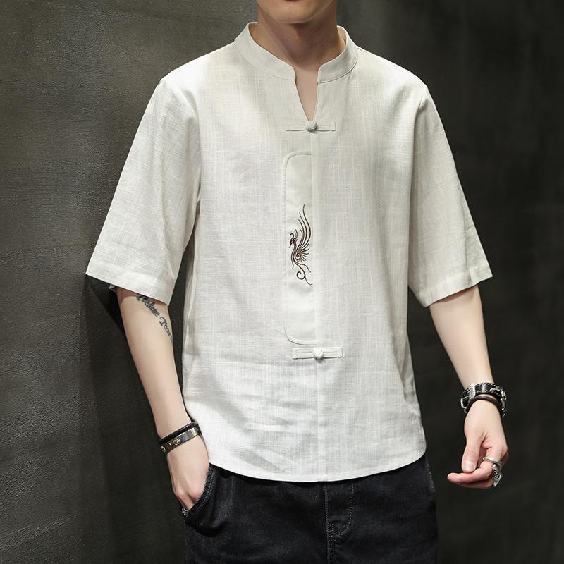 Men's Summer Chinese Style Solid Color Casual Short-sleeved T-shirt Youth Thin V-neck Embroidered Blouse