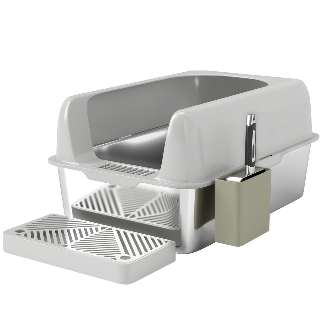 Cat Litter Box, Cat Toilet, Stainless Steel, High Walls, Storage Box, Light Gray