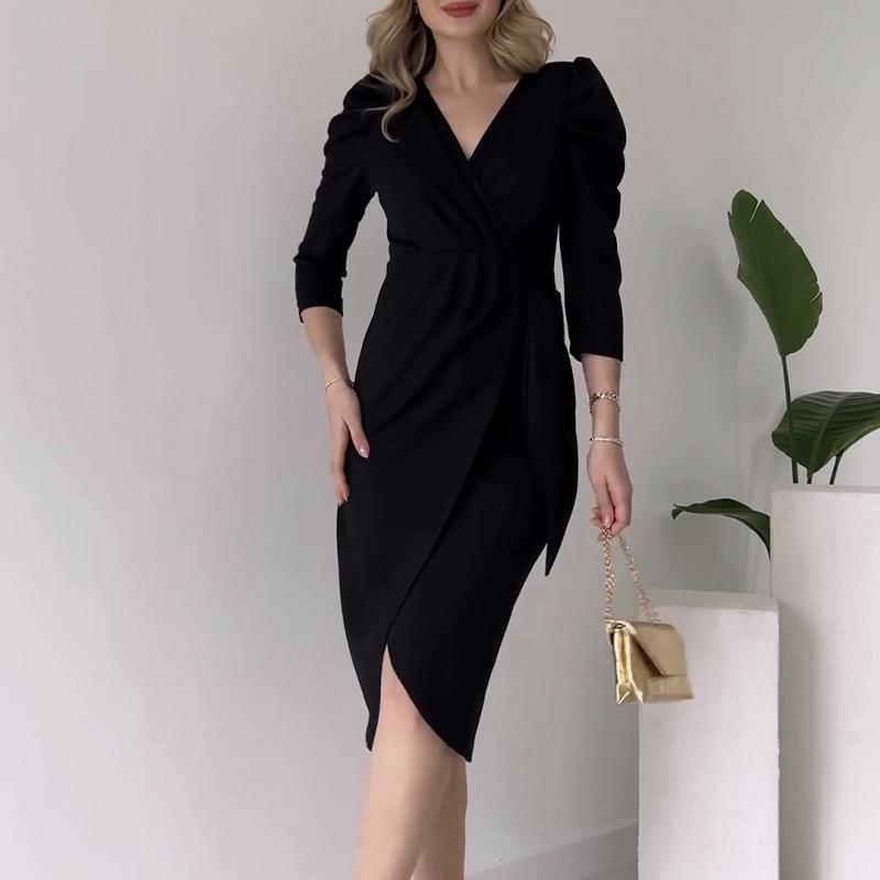 European & American V-Neck Crossover Midi Dress with Tie-Waist & Ruffle Hem M чёрный