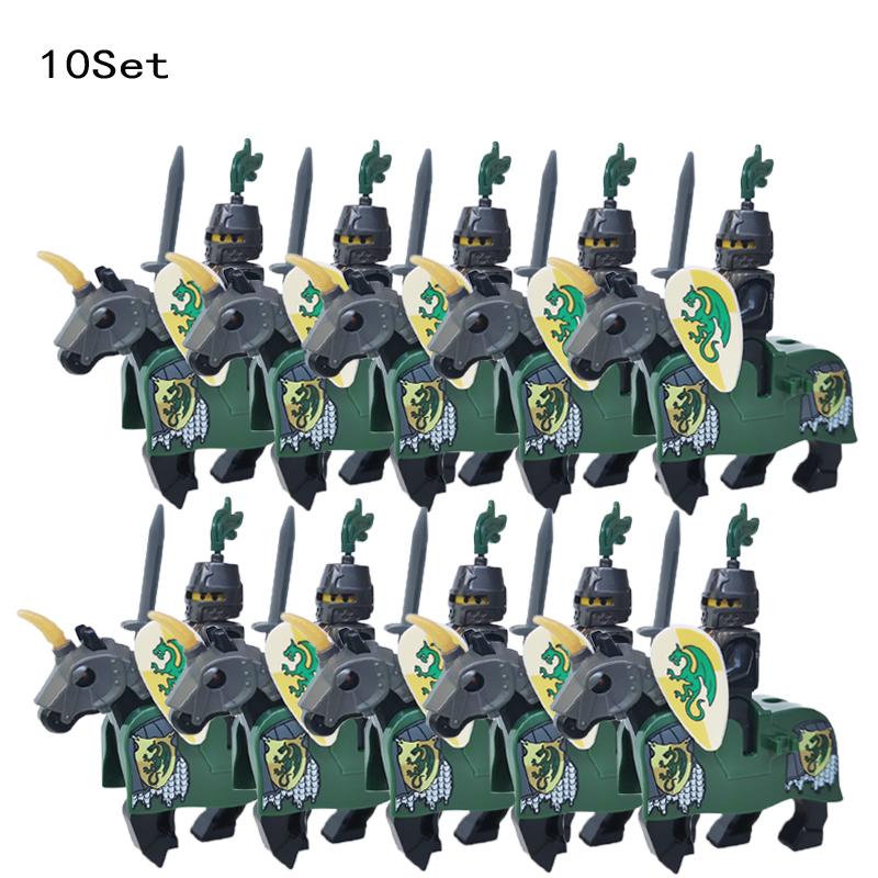 10 Sets Medieval Castle Knight Royal King's Red Dragon Black Warrior Soldier Rider with Horse Building Blocks Toys for Children