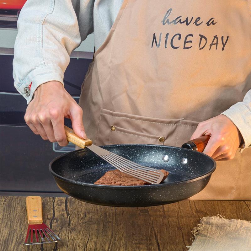 1PC Wooden Handle Non-slip Stainless Steel Kitchen Frying Spatula Cookware Frying Fish Spatula Frying Shovel Leaky Shovel