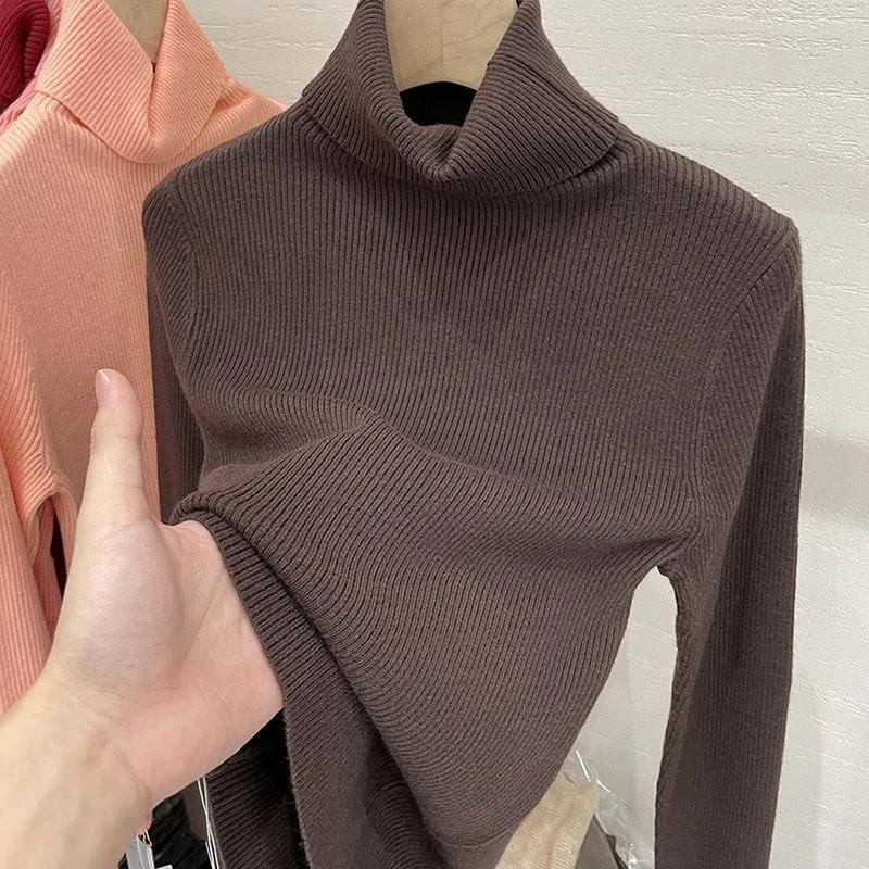 Kvinner Rullekragenser Høst Kvinner Høy Hals Strikket Genser Mote Overdeler Svart Hvit Langermet Slim Strikk Kvinner Basis Topper Klær