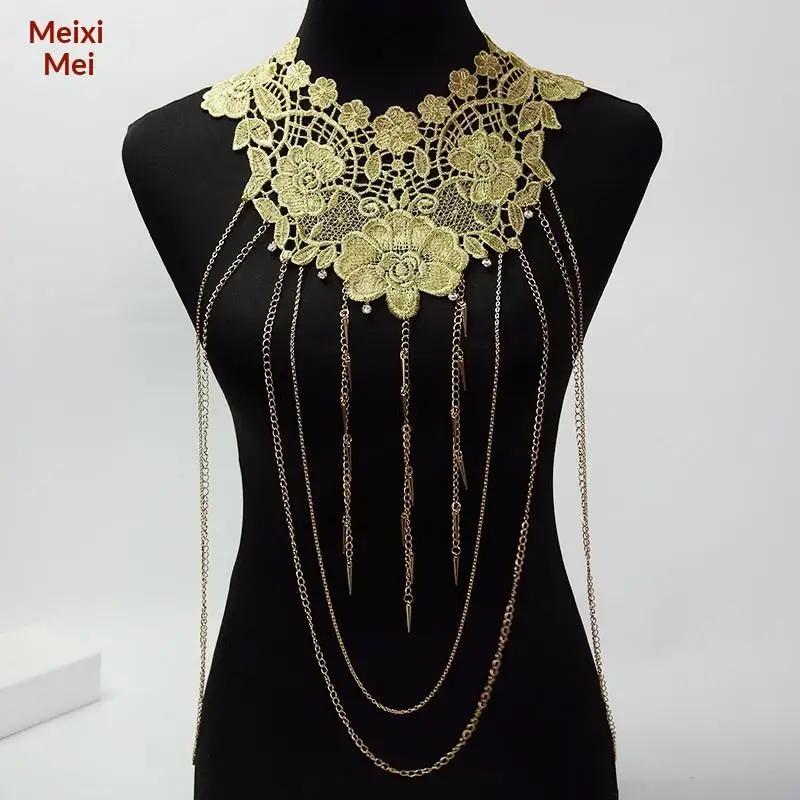Gold Lace Trim Multi-Layer Fashionable Tassel Necklace For Women Body Chain Jewelry Accessory Elegant Trendy Jewelry