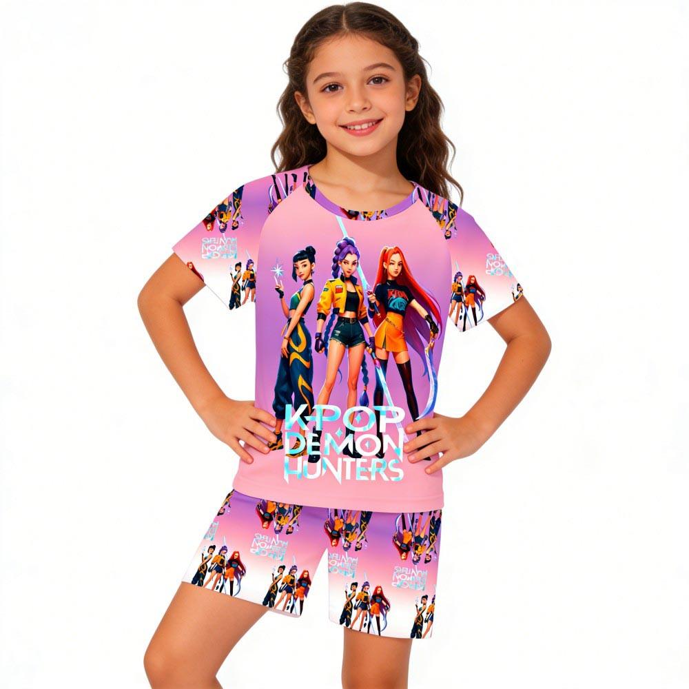 Fashion Fun Cartoon Devil Hunter Print Kids T-shirt and Shorts 2 Piece Set Summer Casual Outdoor Boy's and Girl's Outfit Set