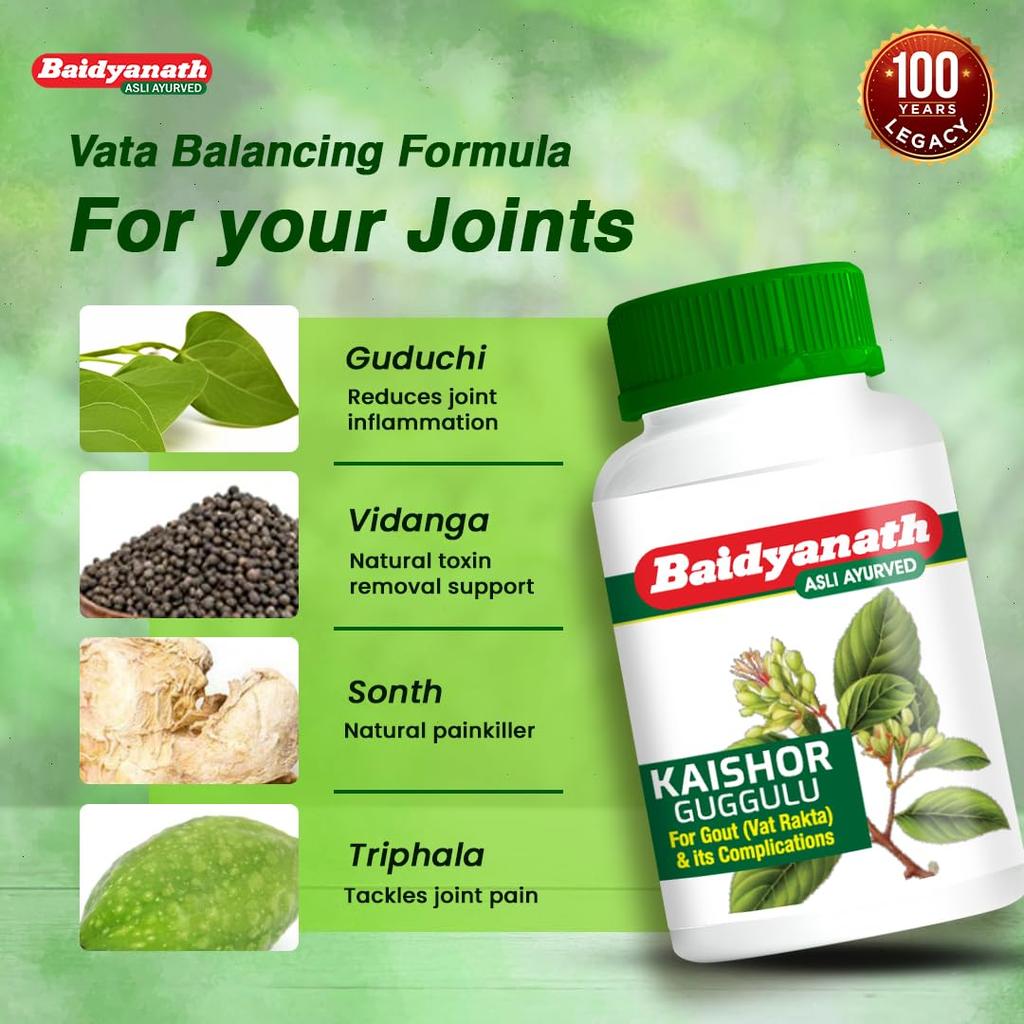 Baidyanath Kaishor Guggulu Tablets 80 TabsX (Pack of 2) | Ayurvedic Herbal Supplement for Joint & Body Wellness Support | Traditional Herbal Formula