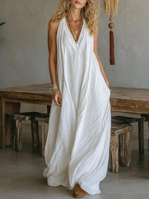 European-American Bohemian Cotton Linen Sleeveless Halter Dress with Pockets