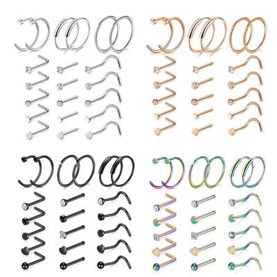 Nose Ring Piercing Kit Septum Nostril Nose Rings and Studs Stainless Steel Crystal Nose Piercing Jewelry Hoop 20G L Shape Nose Nail